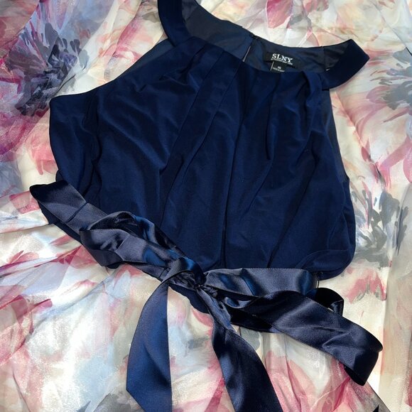 SLNY - 9141152 LONG HALTER Solid BODICE FLORAL A-LINE Dress NWT Navy Purple Pink - Picture 6 of 12